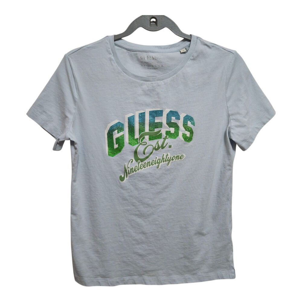 Guess T-Shirt Rhinestones Graphic Light Blue Womens Size Medium Short Sleeves